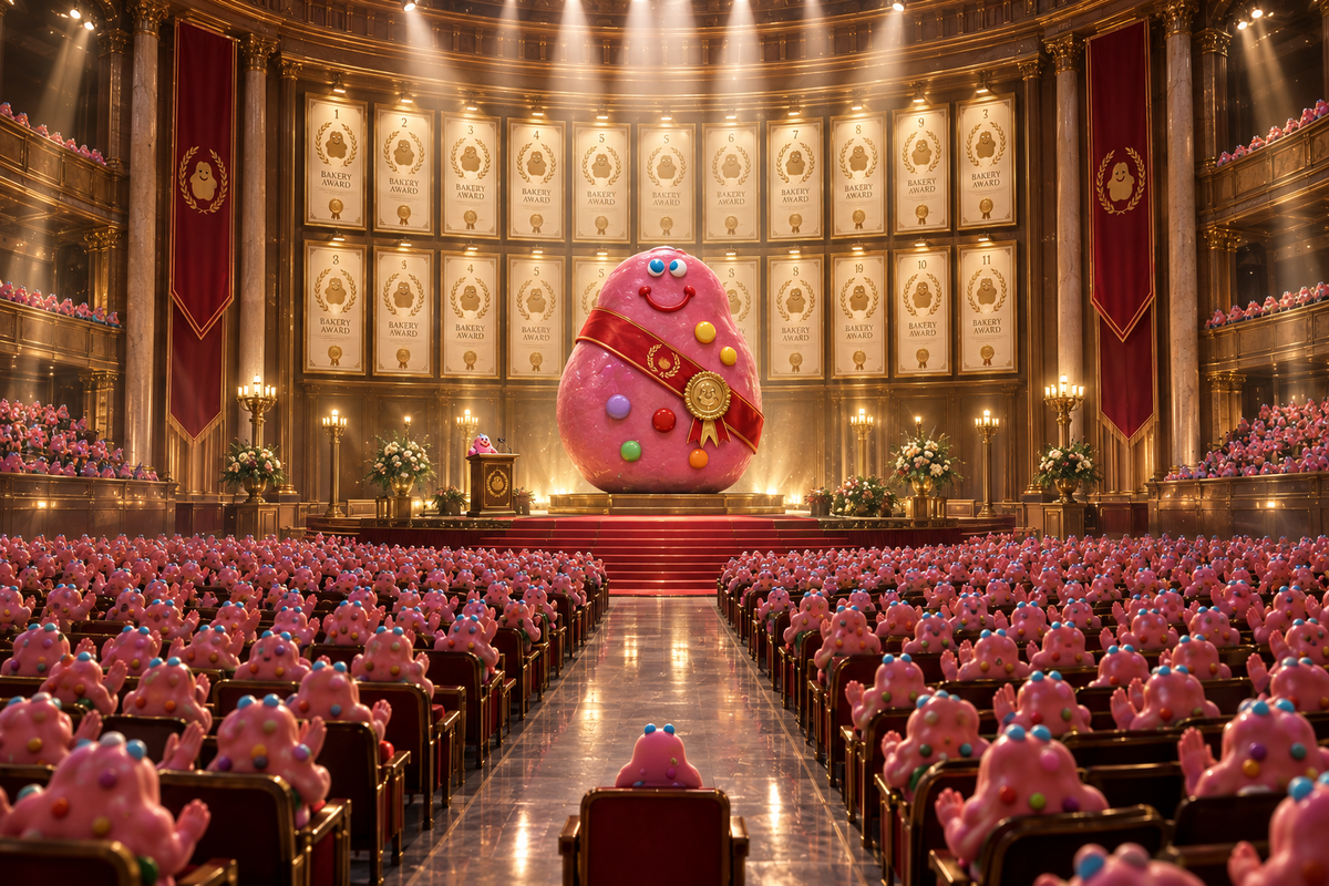 A grand awards hall where an enormous round blob cookie sits before a wall of identical certificates