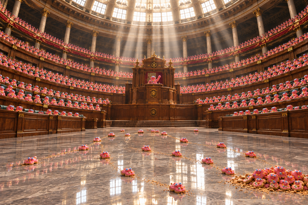 A vast domed parliament chamber packed with pink blob cookies, several scattered across a mirror-polished floor